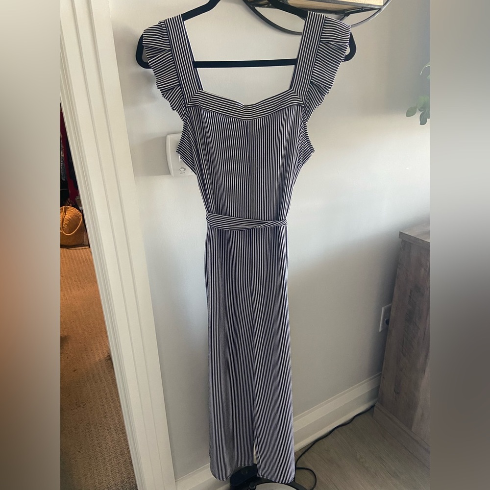 Navy and white striped jumpsuit